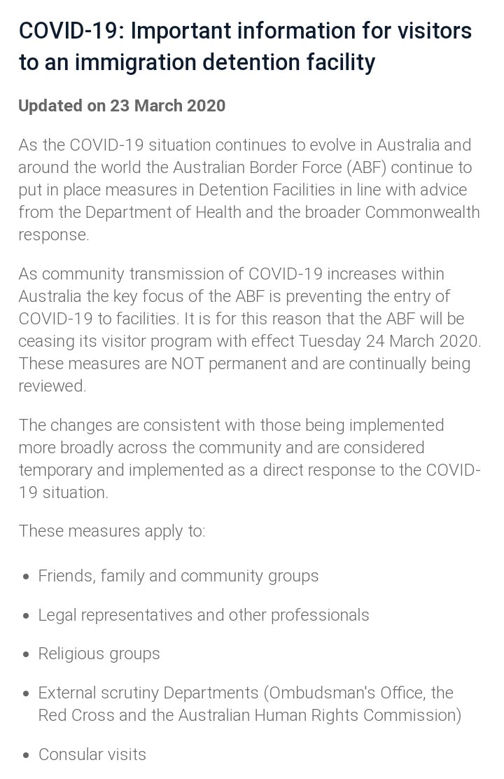 On the 23rd of March 2020, the Department of Home Affairs made a decision to cease all visits to Immigration Detention to prevent COVID-19 from entering detention (to date there has been no confirmed cases of COVID-19). This temporary ban includes external scrutiny bodies.