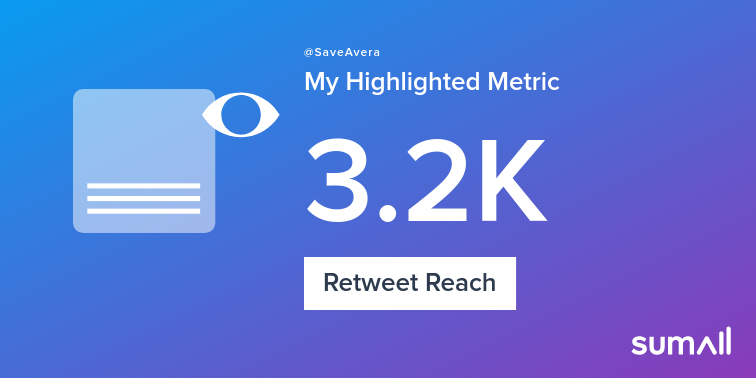 SaveAvera's tweet photo. My week on Twitter 🎉: 11 Likes, 4 Retweets, 3.2K Retweet Reach. See yours with https://t.co/09ercLAKr5 https://t.co/AIoBDKyAEN
