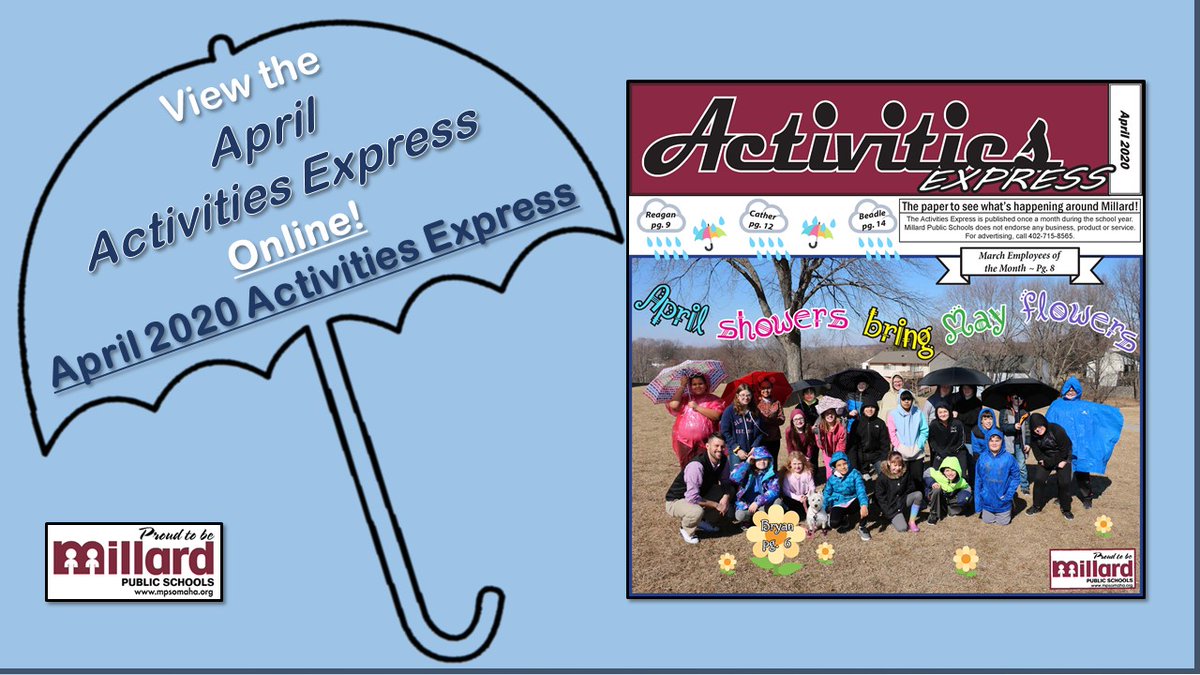 Check out the kids activities, fun pics of our students & staff and sit back to read the magazines we're offering online. Once the rain showers are over, the May flowers will be here again. We're all in this together. #Proud2bMPS #WeAreMillard tinyurl.com/uln4tjw