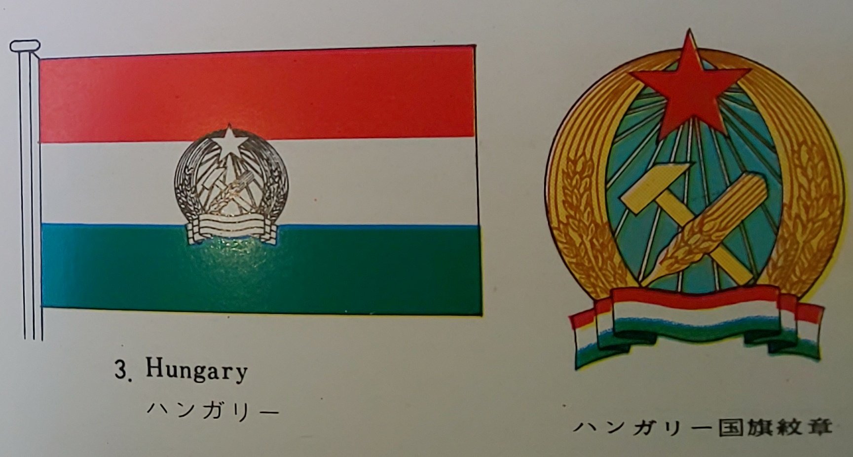 ハタ坊 不要不急の国旗 ハンガリー人民共和国 第二次世界大戦後に発足した共産主義ハンガリー 1956年のハンガリー 革命まで使われた国章入り国旗 動乱の末に国章は削り取られ 今現在の国旗となる