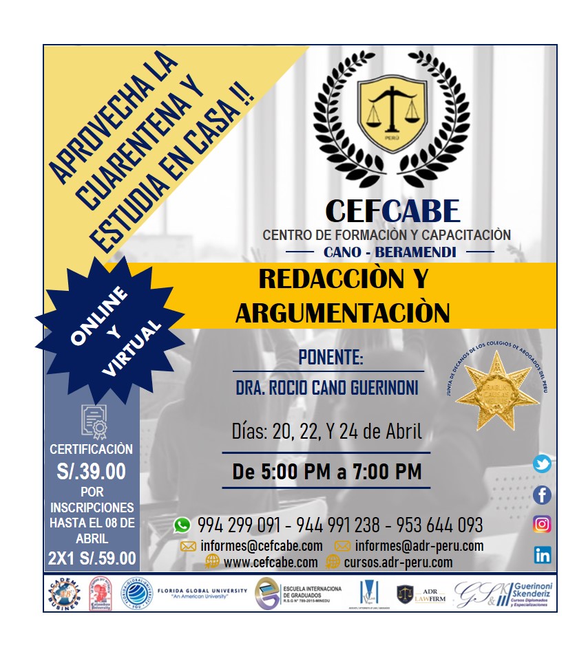 Cefcabe - Centro de formación Cano Beramendi (@cefcabe) on Twitter photo ‼️CURSO VIRTUAL Y ONLINE DE REDACCIÓN Y ARGUMENTACIÓN‼️
⬇️Registrate aquí y te brindaremos los accesos para poder disfrutar de este gran curso:
forms.gle/zrfA1cE8vkpC3t…
📆INICIO: Lunes 20 de Abril del 2020
⏱HORA: 5:00 p.m. - 7:00 p.m.
📧informes@cefcabe.com ‼️CURSO VIRTUAL Y ONLINE DE REDACCIÓN Y ARGUMENTACIÓN‼️
⬇️Registrate aquí y te brindaremos los accesos para poder disfrutar de este gran curso:
forms.gle/zrfA1cE8vkpC3t…
📆INICIO: Lunes 20 de Abril del 2020
⏱HORA: 5:00 p.m. - 7:00 p.m.
📧informes@cefcabe.com