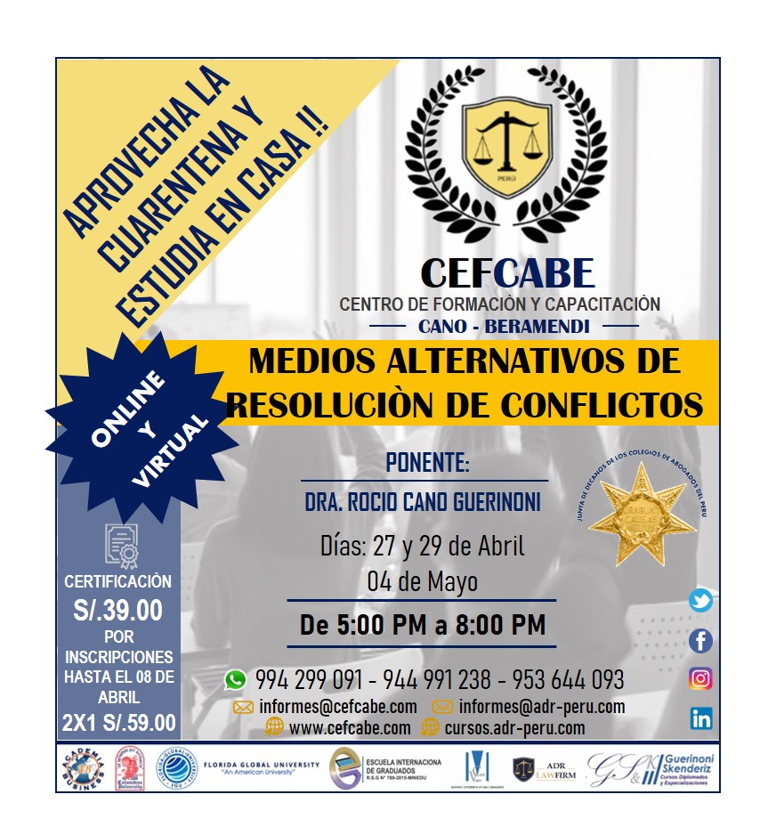 Cefcabe - Centro de formación Cano Beramendi (@cefcabe) on Twitter photo ‼️CURSO VIRTUAL Y ONLINE DE MEDIOS ALTERNATIVOS DE RESOLUCIÓN DE CONFLICTOS‼️
#YoAprendoEnCasa
⬇️Registrate aquí y te brindaremos los accesos para poder disfrutar de este gran curso:
forms.gle/KSxPSDyGV8f1Kg…
📆INICIO: Lunes 27 de Abril del 2020
📧informes@cefcabe.com ‼️CURSO VIRTUAL Y ONLINE DE MEDIOS ALTERNATIVOS DE RESOLUCIÓN DE CONFLICTOS‼️
#YoAprendoEnCasa
⬇️Registrate aquí y te brindaremos los accesos para poder disfrutar de este gran curso:
forms.gle/KSxPSDyGV8f1Kg…
📆INICIO: Lunes 27 de Abril del 2020
📧informes@cefcabe.com