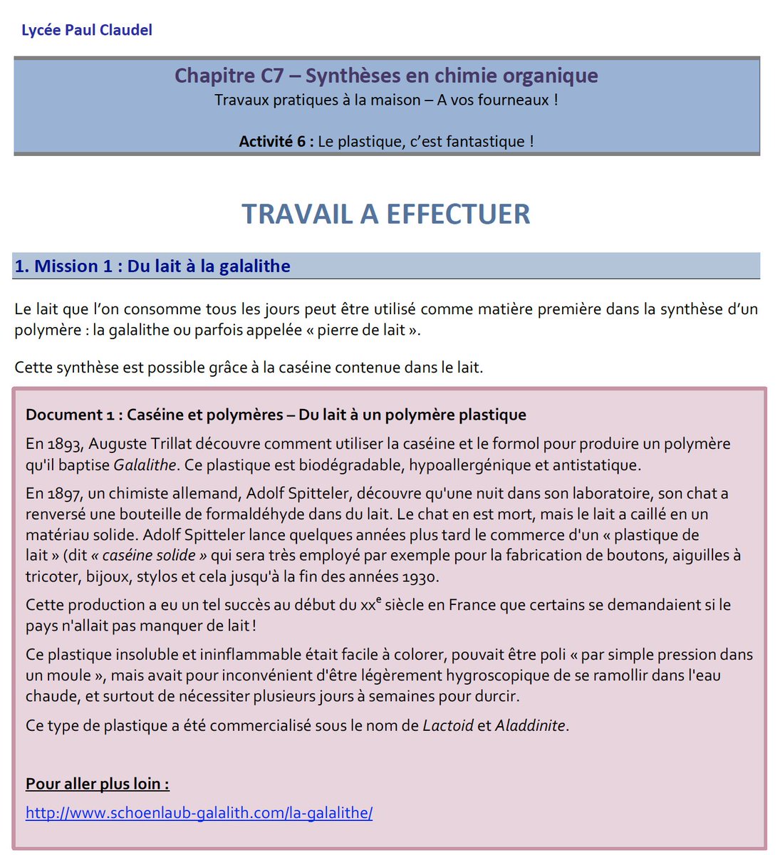 MyrtilleGardet's tweet photo. [Continuité pédagogique #AEFE #FISNA] #SPC
Et pourquoi ne pas faire une #synthèse à la maison ?🧪👩‍🔬

▶️Avec @CathyTroubat, on propose la semaine prochaine une synthèse de la #Galalithe 🥛👩‍🎓 
▶️Sont vraiment gâtés ces élèves du @lyceeclaudel à Ottawa https://t.co/afIYnSjC4Z