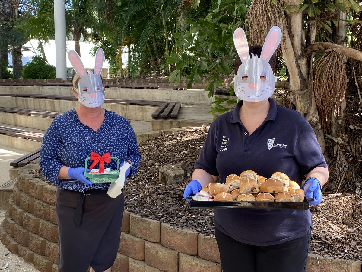 CQUniEmerald's tweet photo. With their special eggs-emption to travel within Australia as an essential service, the Easter Bunnies maintained their social distancing to deliver Hot Cross Buns to all at the Emerald Campus, just in time for an online morning tea today! #cquniemerald https://t.co/1hGnl7ypFY