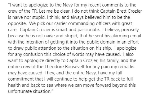NEW: Acting Secretary Modly issues apology to Captain Cozier, his family, and the Sailors of the USS Roosevelt after insulting the fired captain, cursing, attacking the media, and calling out Joe Biden, while visiting the ship in Guam.