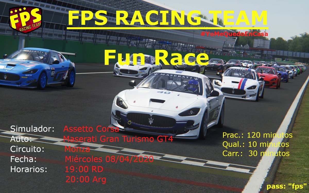 FPS_Racing_Team's tweet photo. Invitamos a todos los que gusten a sumarse a una carrera Fun en Assetto Corsa.

Será este miércoles 19hs (R. Dominicana), 20hs (Argentina), con los Maserati GT4 en  Monza.

Los esperamos! https://t.co/vwTXMORljU