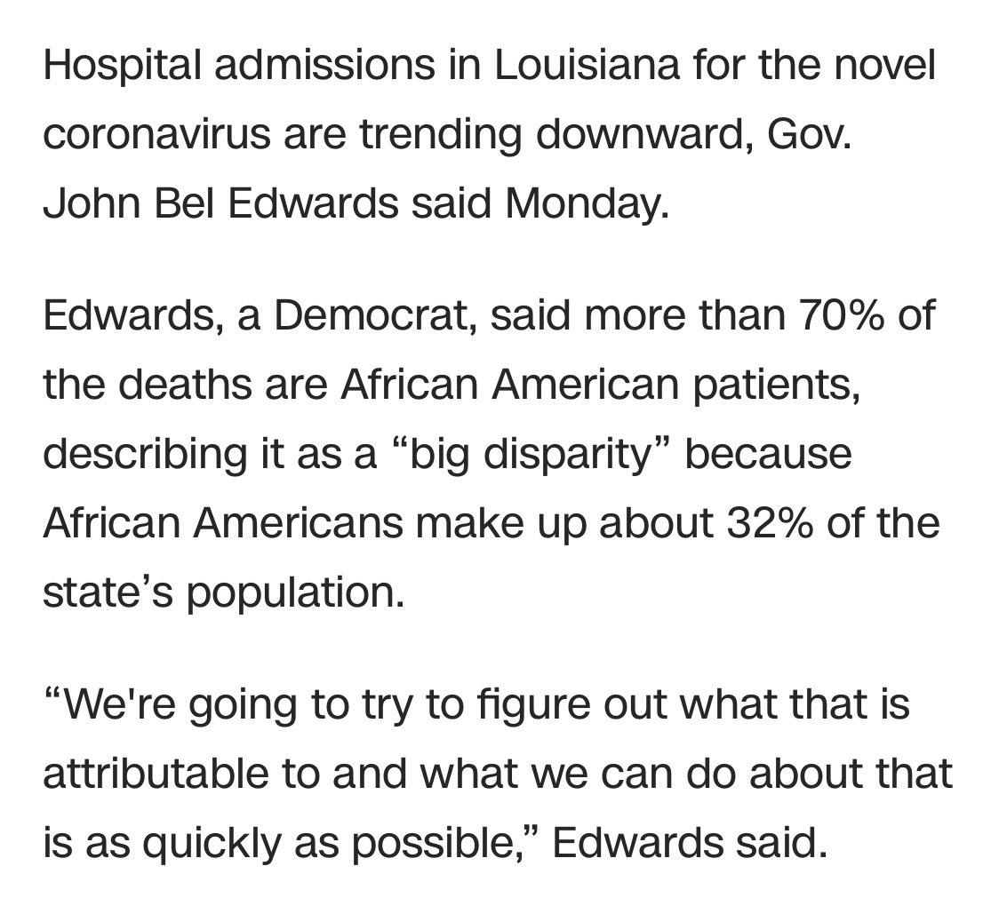 Here’s what I mean re: Louisiana. The 70%/32% disparity doesn’t tell the whole story b/c it doesn’t include the patient demographics of the hospitals/labs that submitted data or what the typical racial breakdown is for the death rates at those hospitals.  https://www.cnn.com/world/live-news/coronavirus-pandemic-04-06-20/h_ec2cf6e59f7509bfff57b084ccf24bcc