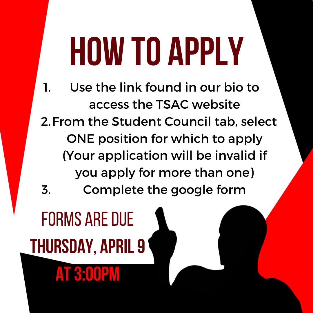 INTERVIEW APPLICATIONS ARE NOW OUT ON OUR WEBSITE !! If you're interested in applying for any interviewed position, make sure not to miss your chance !! Forms are due Thursday, April 9th at 3:00PM