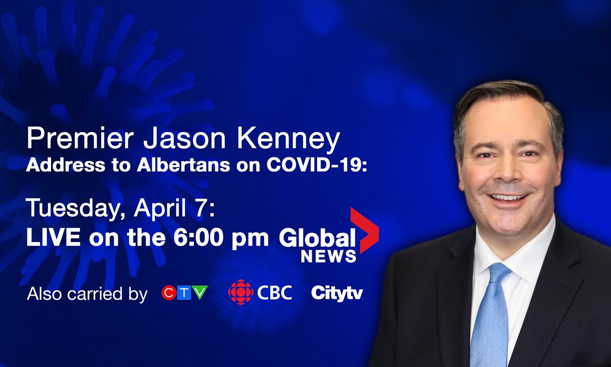 jkenney's tweet image. Tomorrow night, I’ll be delivering an address to all Albertans on COVID-19.

It will include projections and modeling from Alberta Health Services on where we are at, where we are headed, and the important role physical distancing will play in the outcome.