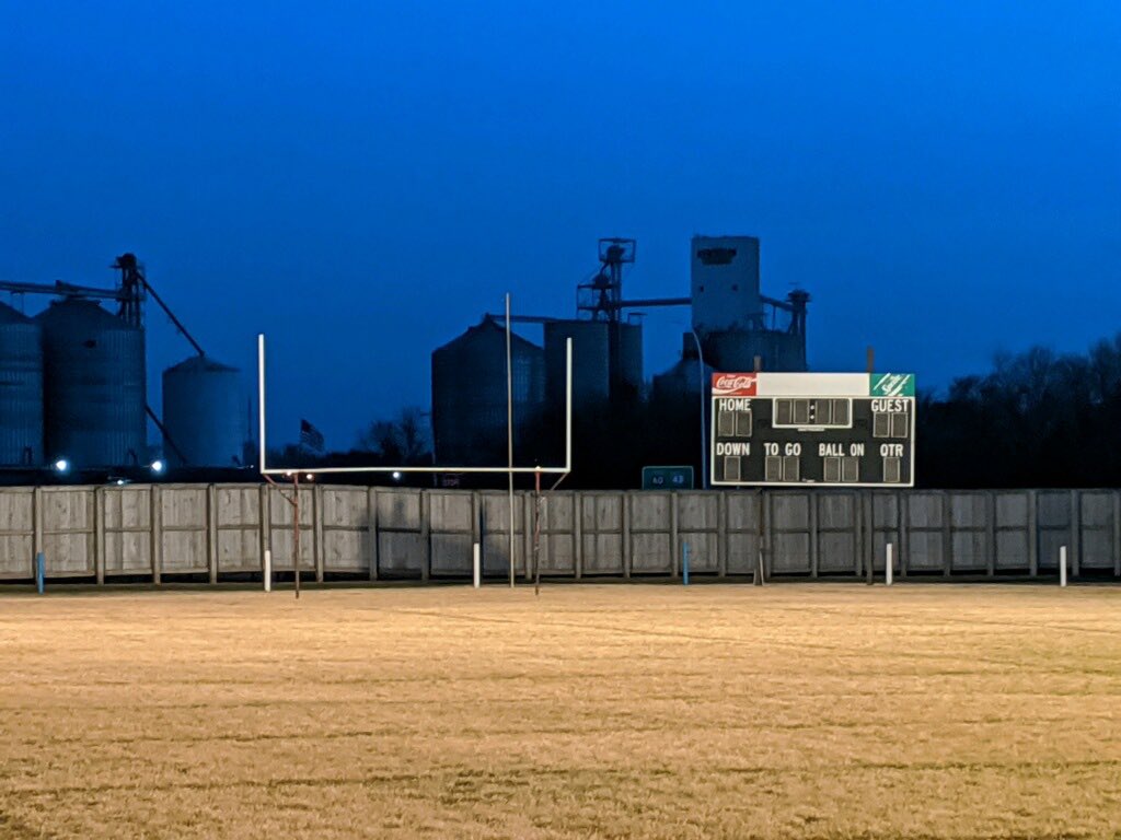JaredBourquin's tweet photo. A look at Heron Lake laker field.  “Happiness can be found in the darkest of times, if one only remembers to turn on the light.” #BeTheLightMN @MSHSLjohn https://t.co/hTVOCKopRC
