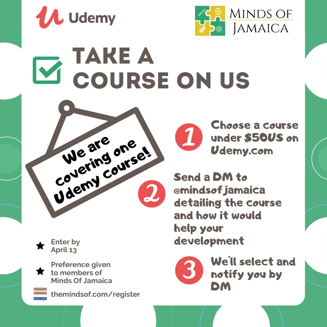 mindsofjamaica's tweet photo. Weβre looking to cover the price of a Udemy course of your choosing! Learn something new! #moj #mindsofjamaica https://t.co/Y8banZ58hI
