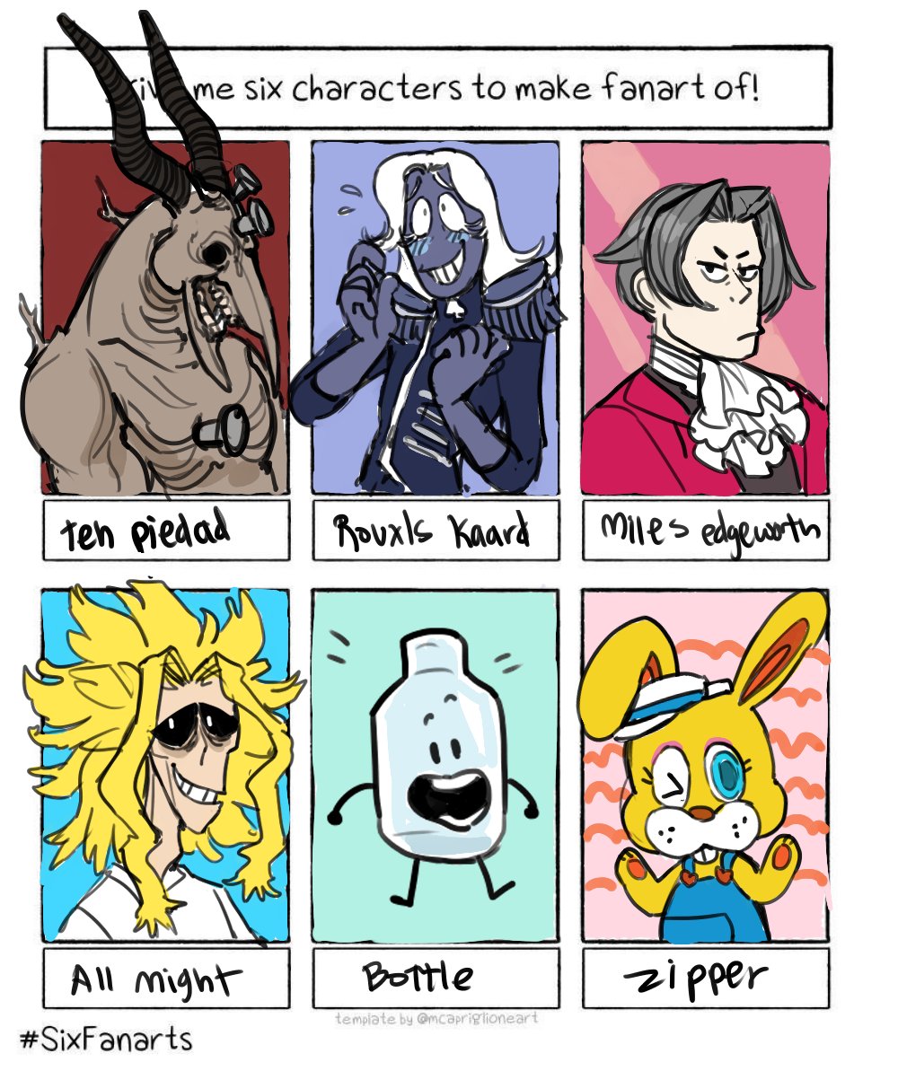 #sixfanarts challenge! This was fun!!
ten piedad for @ArtNWrestling 
Rouxls Kaard @spicedrobot 
Miles Edgeworth for @apricornss 
All might for @MadHatterRaggy 
Bottle for @kiwimelodie 
Zipper for @_valderz_ 