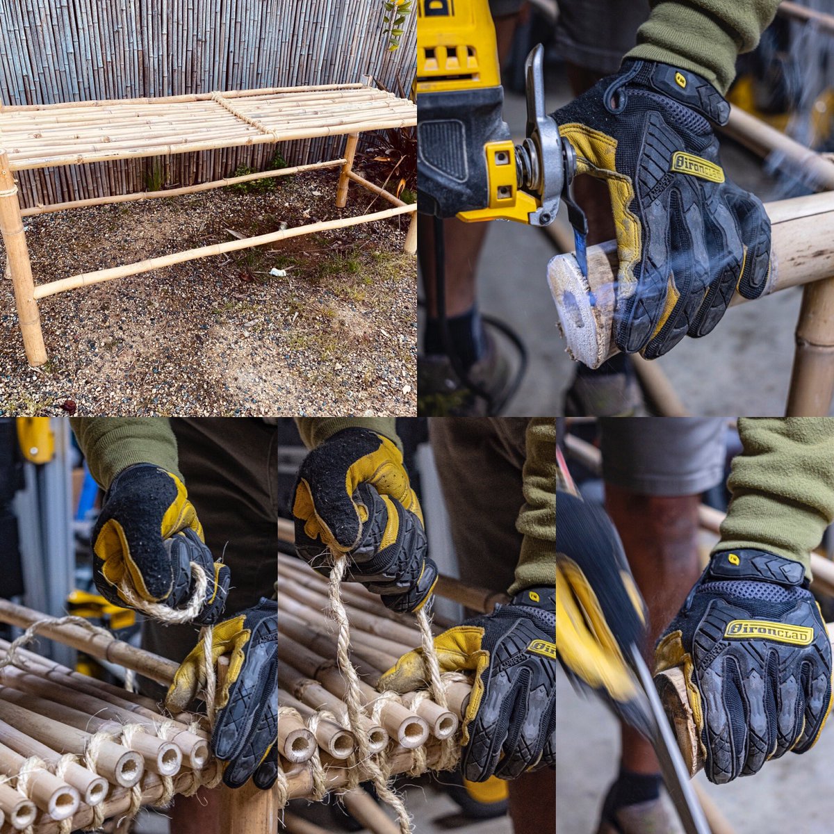 IEX-MIGL in use during construction of a bamboo potting table.
The leather palmed MIGL was especially useful for handling the rough textured manila rope which required much pulling/tensioning to securely hold the construction together.🧤ironclad #ironcladgloves #handsafety #diy