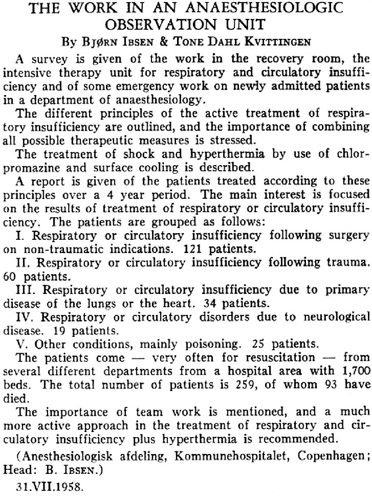 SurgeryLegends's tweet photo. In 1952, a polio epidemic swept through Denmark. Anesthetist Bjorn Ibsen (1915-2007) managed paralyzed patients with intubation and ventilation, reducing mortality hugely. By 1953, he had turned a student nurses classroom into an “intensive therapy unit”: the world’s first ICU. https://t.co/whOUpp0aBJ