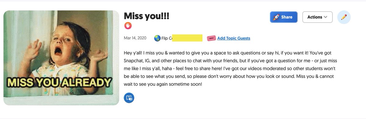 iluveducating's tweet image. A6: The first day we learned our schools were closed from the governor, I put this on @flipgrid and posted via #GoogleClassroom. Had replies and questions immediately. Just wanted them to know I cared &amp;amp; loved them. #tlap #TeachPlayLearn