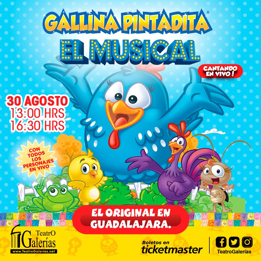 ¡Amiguitos! En AGOSTO regresa a Guadalajara #GallinaPintadita, El Musical 🐔🐣🐸🌈🎶 El espectáculo EN VIVO ¡Para toda la familia! 😁

💲 $200, $300, $400
🎟 Realiza tu compra con un click 👉 bit.ly/GallinaPintadi…