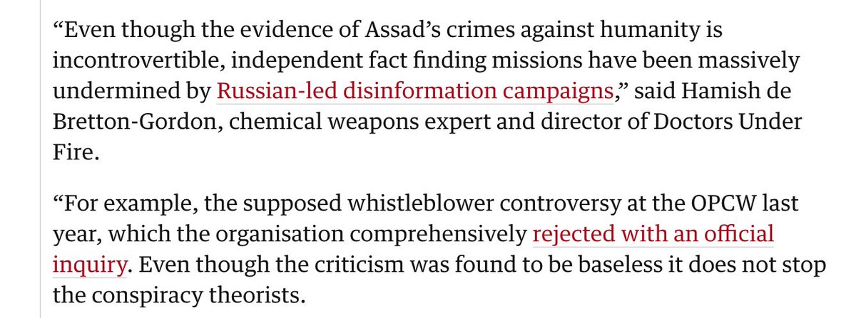 5/ Here's the Guardian article I quoted, forgot to include screenshot:  https://www.theguardian.com/world/2020/apr/06/report-set-to-blame-syria-chemical-attacks-on-bashar-al-assad