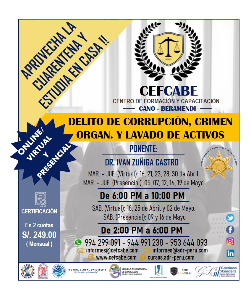 Cefcabe - Centro de formación Cano Beramendi (@cefcabe) on Twitter photo ‼️CURSO VIRTUAL, ONLINE Y PRESENCIAL DE DELITO DE CORRUPCIÓN, CRIMEN ORGANIZADO Y LAVADO DE ACTIVOS‼️
⬇️Registrate aquí y te brindaremos los accesos para poder disfrutar de este gran curso:
forms.gle/KSxPSDyGV8f1Kg…
📆INICIO: Jueves 16 de Abril del 2020
📧informes@cefcabe.com ‼️CURSO VIRTUAL, ONLINE Y PRESENCIAL DE DELITO DE CORRUPCIÓN, CRIMEN ORGANIZADO Y LAVADO DE ACTIVOS‼️
⬇️Registrate aquí y te brindaremos los accesos para poder disfrutar de este gran curso:
forms.gle/KSxPSDyGV8f1Kg…
📆INICIO: Jueves 16 de Abril del 2020
📧informes@cefcabe.com