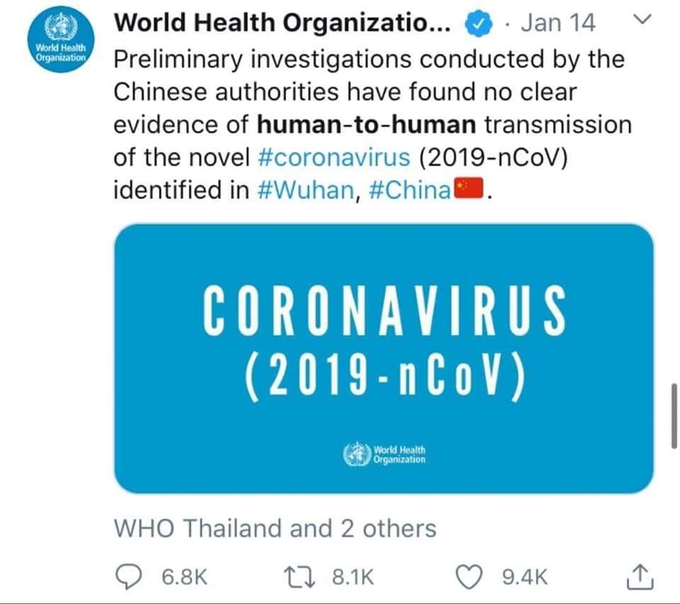 VivekSReddy9's tweet photo. Watch how the WHO got misled as to the nature of the virus &amp; got complacent &amp; ignored its devastating effects on humans. 

Shifting frm non contagious to contagious in 30days calls into question the approach &amp; working of this body.

#WHOLiedPeopleDied 
#ChinaLiedPeopleDied https://t.co/DN0v1fDVp6