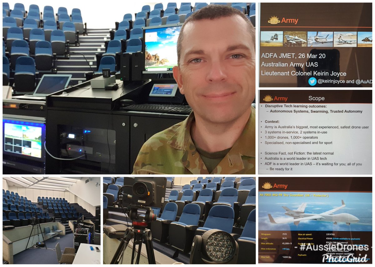 keirinjoyce's tweet photo. New experience for me this morning at #ADFA: Virtual guest lecture on Disruptive Technology for @ComdtADFA's JMET #PME program, on my favorite topics: @AustralianArmy #UAS, swarming and trusted autonomous systems!
Weird speaking to an empty room, but its the immediate future! https://t.co/1kQWDaoJFM