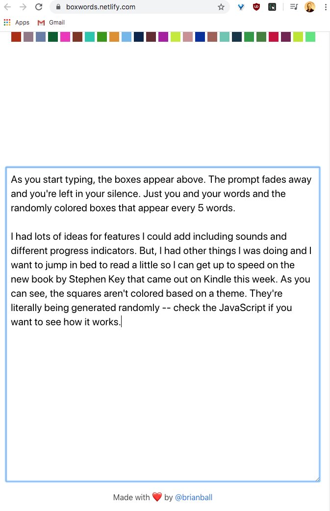 brianball's tweet image. Who doesn&apos;t love coding to #hashtagchallenges?

boxwords.netlify.com

My Day 1 submission to #7Days7Websites

Got ideas? Throw them at me.