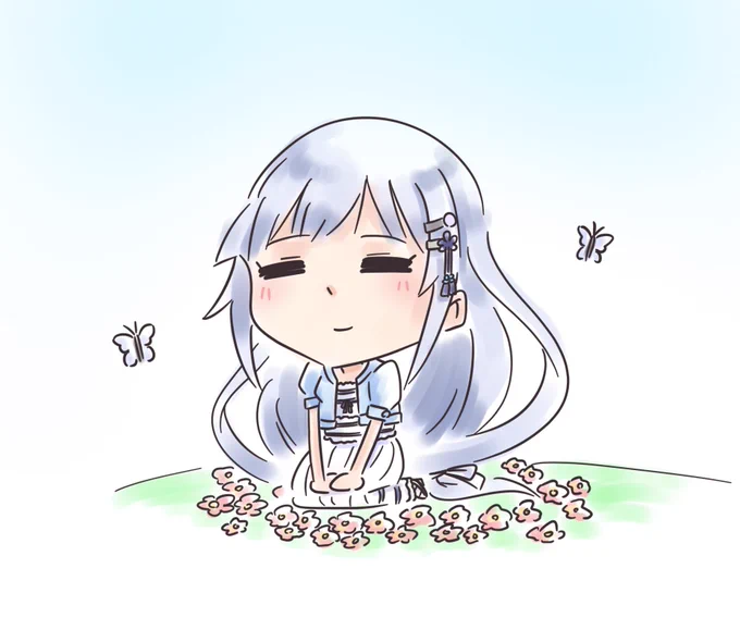 お花畑のある野原でちょうちょとたわむれながら微笑む白石 