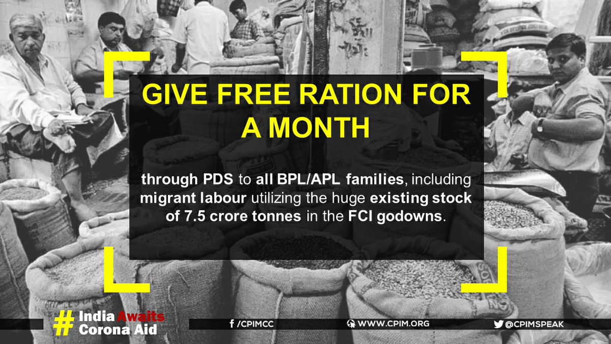 ashmi_02's tweet photo. Give free ration for a month through PDS to all BPL/APL families, including migrant labour utilizing the huge existing stock of 7.5 crore tonnes in the FCI godowns. #IndiaawaitsCovidaid https://t.co/nRYPIem5si