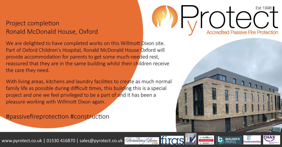 Project completion – Ronald McDonald House, Oxford. We are delighted to have completed works on this Willmott Dixon site. Part of Oxford Children’s Hospital, Ronald McDonald House Oxford. #passivefireprotection #construction