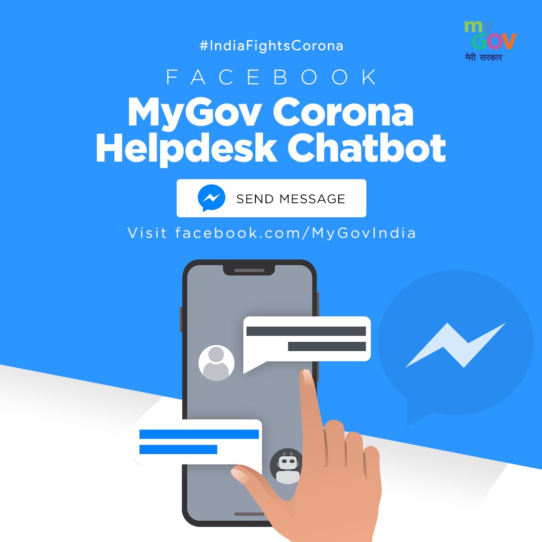 mygovindia's tweet photo. Follow the latest authentic news, expert information, official updates and MythBusters on #IndiaFightsCorona at ‘MyGov Corona Helpdesk Chatbot’ on Facebook. Visit: https://t.co/bfw5T4FHae  and get started! #HelpUsToHelpYou https://t.co/5z1lo0Ilcu