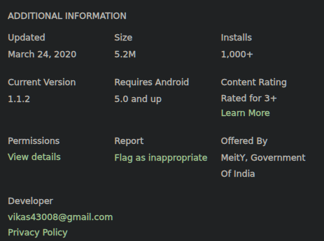 This is the Govt. of India's Meity developed Corona Kavach app on the Play Store.The developer email address listed is someone's personal Gmail address. #DigitalIndia  #FAIL  https://play.google.com/store/apps/details?id=com.cosafe.android