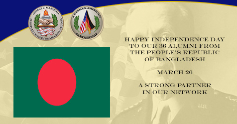 Marshall_Center's tweet photo. Happy #IndependenceDay to our 36 #alumni from the People's Republic of #Bangladesh, who are strong partners in our network of more than 14,000 #security professionals from 157 nations. 🇧🇩 🇩🇪 🇺🇸  @usembassydhaka @GermanEmbassyBD https://t.co/EiqiJl2wYT