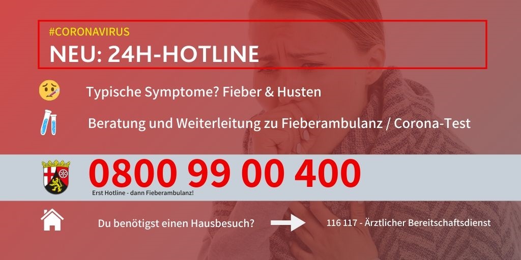 Was tun? Du hast typische Symptome des #Coronavirus wie Fieber, trockener Husten, Kurzatmigkeit, Muskel- und Gelenkschmerzen? Dann ruf die 0800 99 00 400 an. Diese leitet dich zu einer Fieberambulanz in #RLP weiter.
Beitrag retweeten und bei #FlattenTheCurve helfen. #COVID19