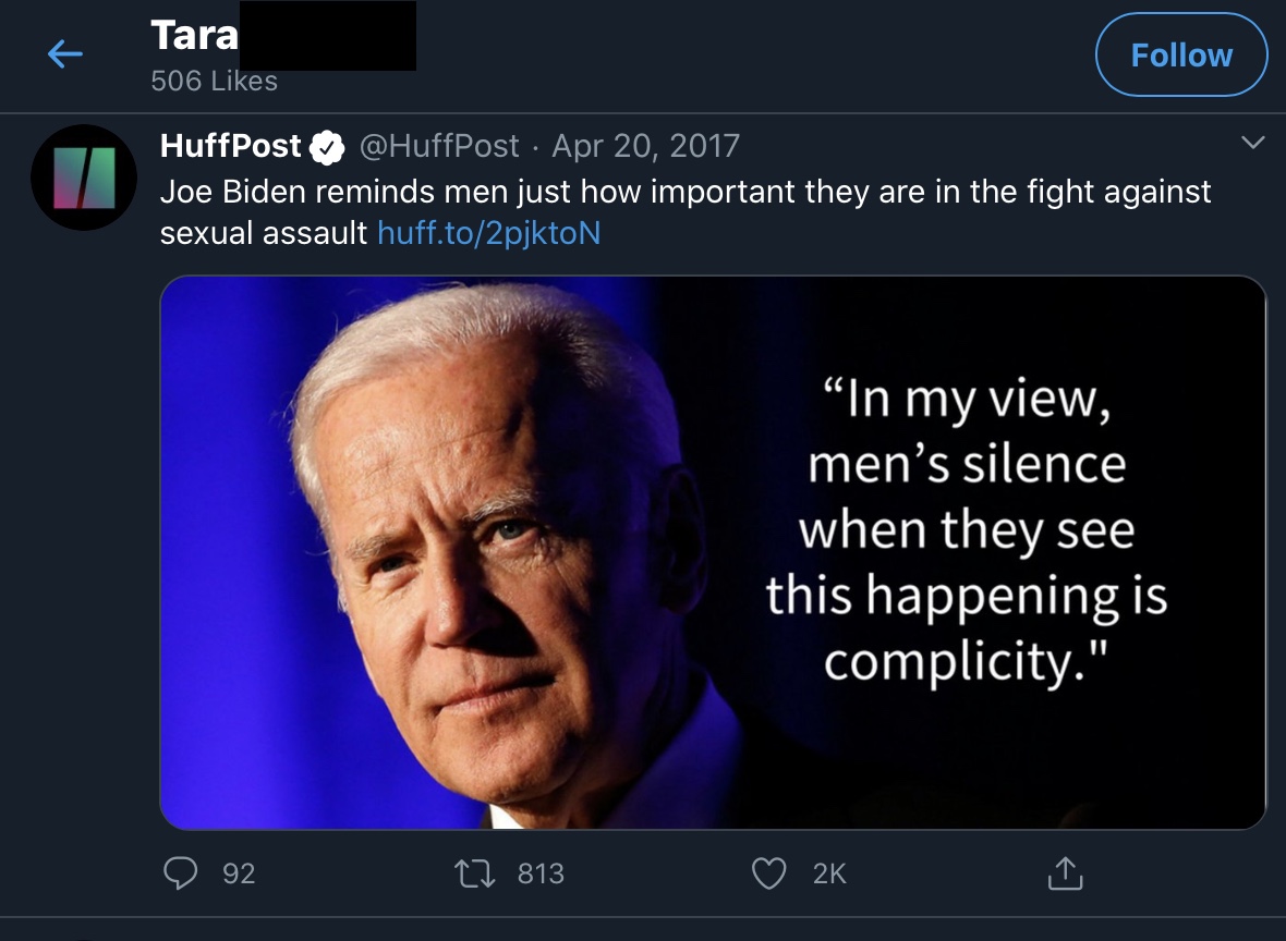 In 2017 she retweeted a Huffington Post article about Biden reminding men “how important they are in the fight against sexual assault.” Seems weird she would do so if Biden had sexually assaulted her.