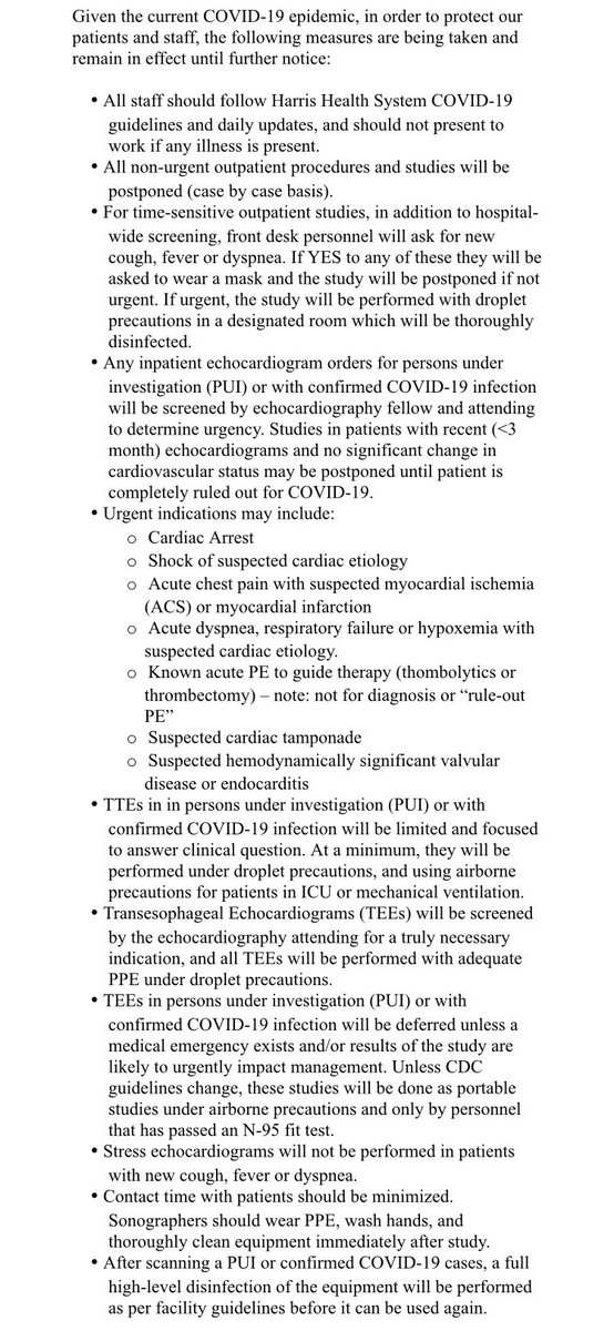 EGarciaSayan's tweet photo. @tiffchenMD @PennCardiology @ASE360 @DocStrom @NadeenFaza @LucySafi @AkhilNarangMD @purviparwani @AChoiHeart @OKhaliqueMD @jameschilee @onco_cardiology These are our #EchoFirstSafety #COVIDー19 guidelines. TTEs in PUI or COVID+ pts screened by attending for urgency. Focused studies, perform measurements later, use droplet precautions (airborne for ICU), airborne for TEEs (and only emergent). Encourage POCUS. Communication is 🔑. https://t.co/gJ2lomHLs6