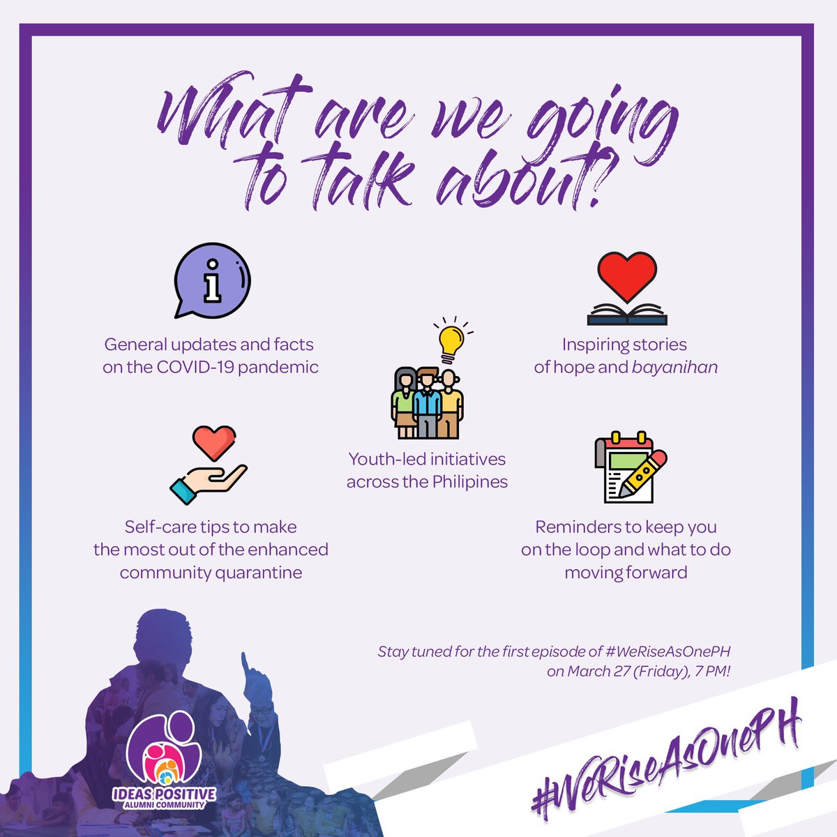 IPACmayIMPACT's tweet photo. #WeRiseAsOnePH is your one-stop source of credible information and inspiration. Let’s continue to be informed and tackle the news from a fresh perspective and talk about hope and positivity to get us going.

Catch us via Facebook Live every Friday, 7:00PM starting March 27. https://t.co/JcOmmZqYC9