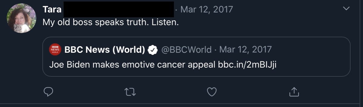 She also praised him for speaking out against cancer in a March 2017 tweet. She also retweeted a BBC article about Joe Biden making an emotion speech about cancer the same day.