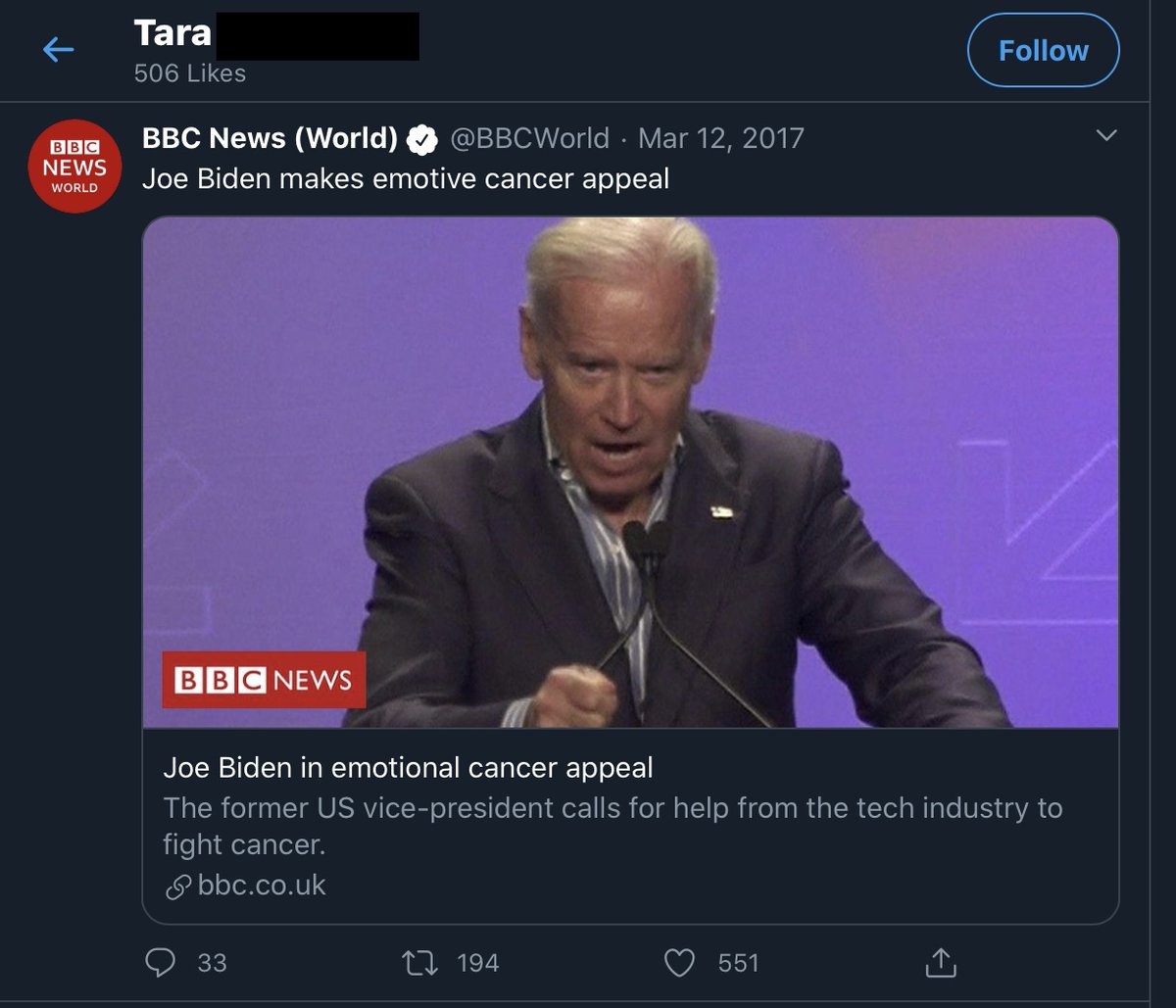 She also praised him for speaking out against cancer in a March 2017 tweet. She also retweeted a BBC article about Joe Biden making an emotion speech about cancer the same day.