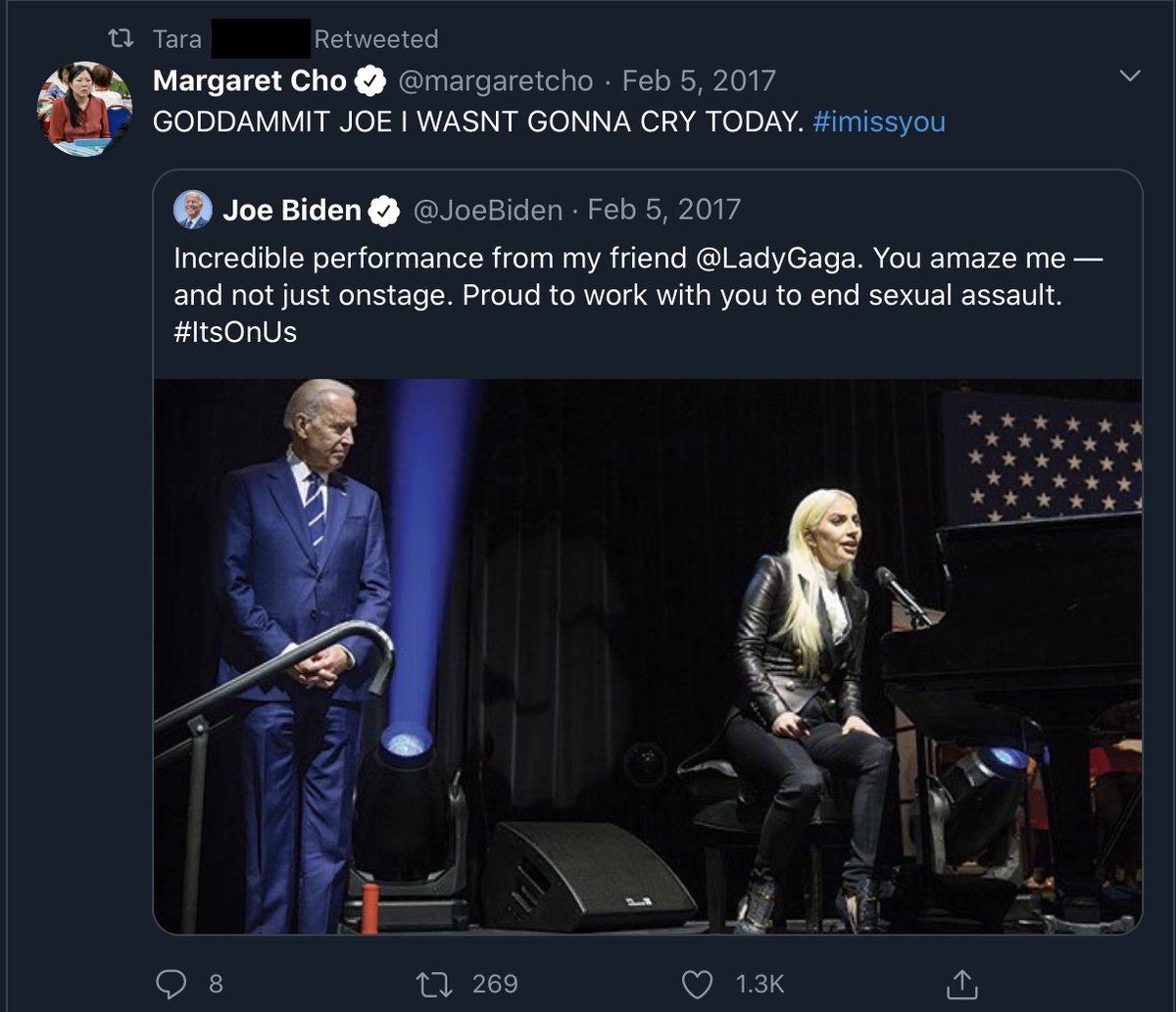In 2017 she retweeted a tweet saying “GODDAMNIT JOE I WASNT GOING TO CRY TODAY” that was about Biden and Lady Gaga working to “end sexual assault”