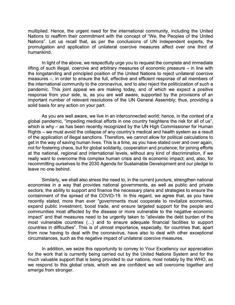 japerezve's tweet photo. Today 🇨🇳,🇨🇺,🇰🇵,🇮🇷,🇳🇮,🇷🇺,🇸🇾,🇻🇪 addressed the #UNSG on the negative impact of sanctions on nat’l efforts to fight COVID19. We cannot allow a zero-sum game in the midst of a pandemic. #SanctionsAreCriminal &amp; must end now! Political calculations cannot get in the way of saving lives! https://t.co/ujnmyf7ASL