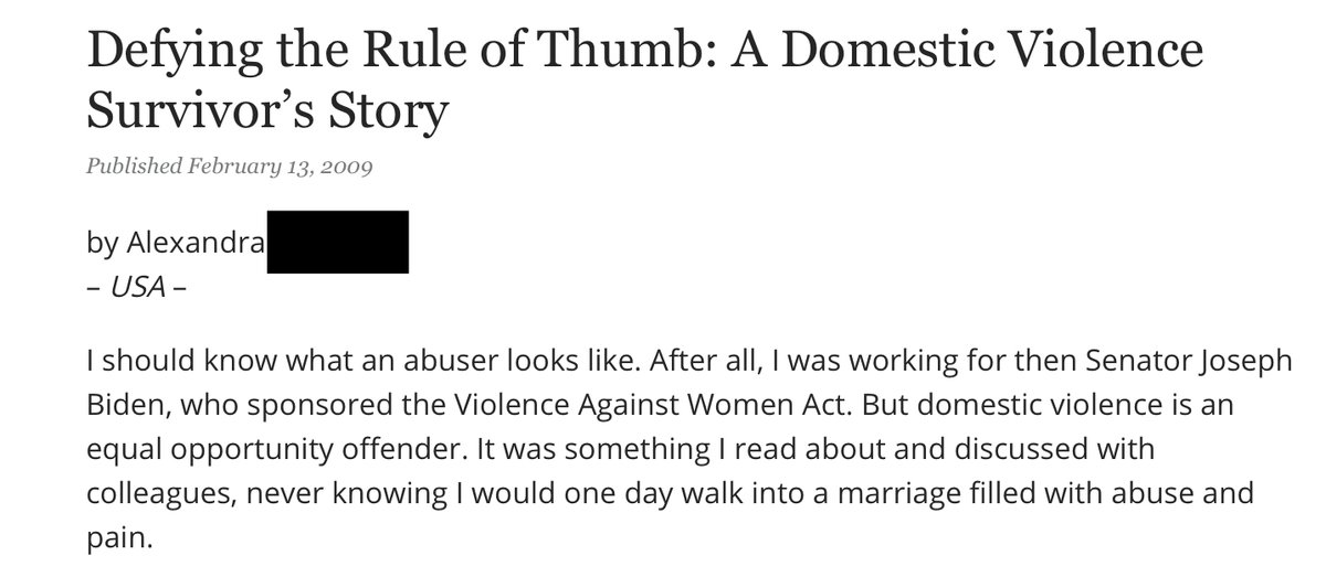 In 2009, she wrote about her experience with domestic abuse. In the article, she mentions Biden positively for writing the Violence Against Women Act. She mentions why she moved out of Washington DC, which appears to be because of her husband and not Biden “blacklisting” her