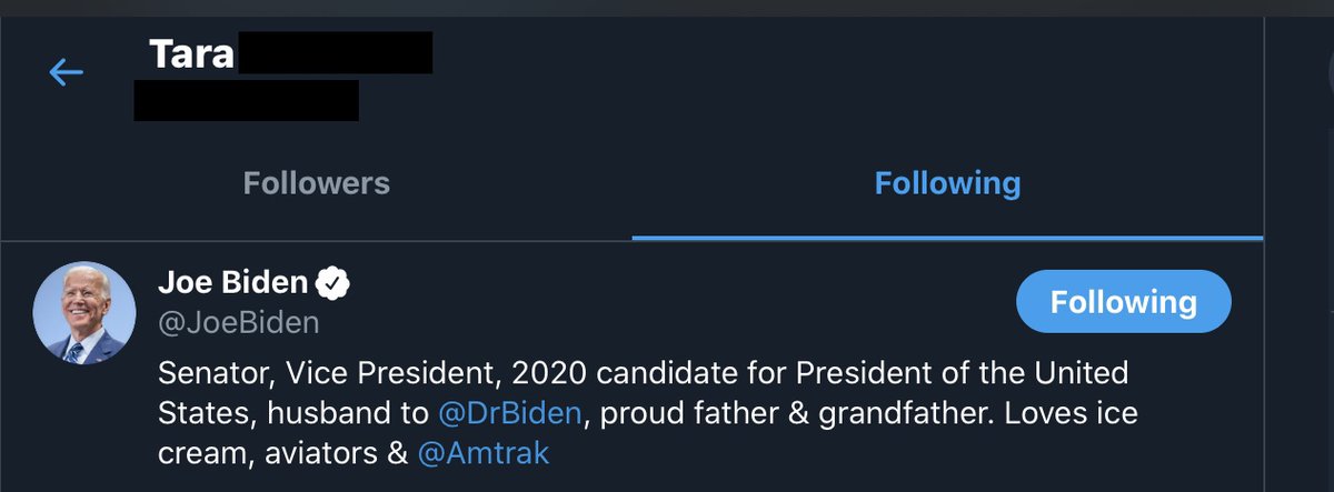 She also followed Biden on this account and retweeted a tweet (from Chelsea Handler) that says “Biden says he could have won the election and regrets not running”