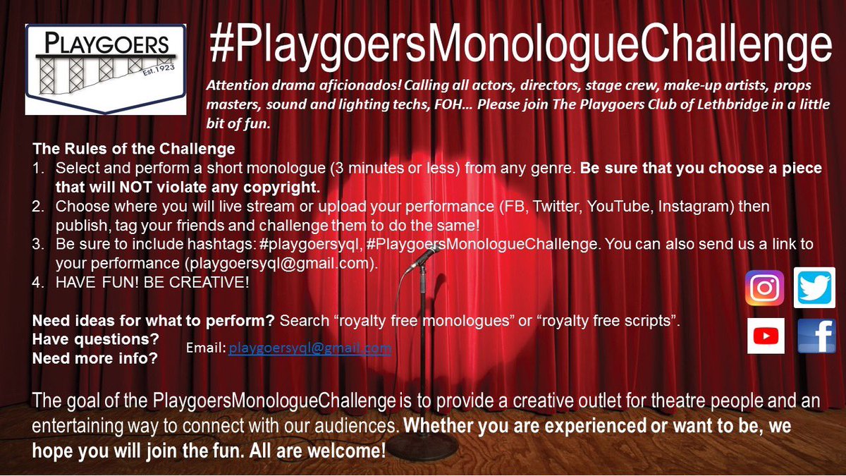 ColeFetting's tweet photo. @PlaygoersYQL is doing a monologue challenge! You should give it a shot :)
.
.
#actorslife #theatre #theatrelife #actor #lethbridge #yql #yyc #playgoers #onlinecreative #monologue https://t.co/oicVifjf0b
