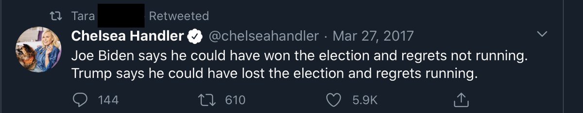 She also followed Biden on this account and retweeted a tweet (from Chelsea Handler) that says “Biden says he could have won the election and regrets not running”