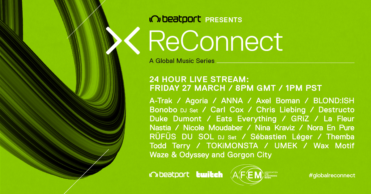 BPopenformat's tweet photo. .@beatport will host a 24-hour live stream this Friday, March 27 to raise funds for those in need. 🙏 The event will feature sets from @atrak, @destructoamf, @DukeDumont, @TOKiMONSTA, @WaxMotif + others. It begins at 1 p.m. PT and will be streamed on @Twitch. 📡 #GlobalReConnect https://t.co/QD63mXJqAP