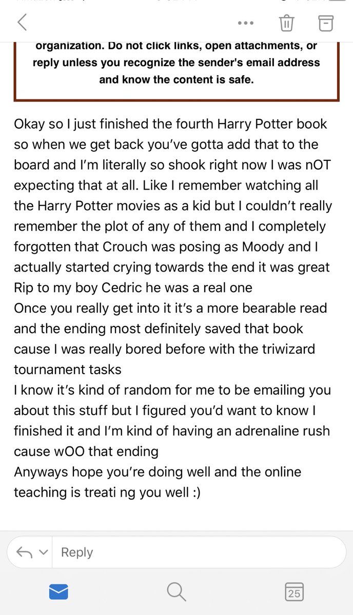 Ms_WilsonELA's tweet photo. “Rip to my boy Cedric he was a real one.” And the BEST email of the day goes to this kid ⚡️📖 Love hearing that students are still reading despite not being in the classroom right now! #RockwallLearns #RockwallReads @Rockwall_HS https://t.co/4V9e0Tsb3V