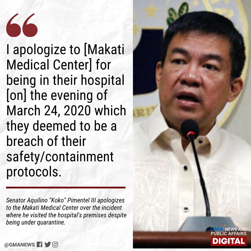 gmanews's tweet photo. Senator Aquilino "Koko" Pimentel III on Thursday apologized to the Makati Medical Center over the incident where he visited the hospital's premises despite being under quarantine for suspected COVID-19 infection.
#COVID19PH
FULL STORY: https://t.co/gtbVCRrlDk https://t.co/M7YWptlF4X