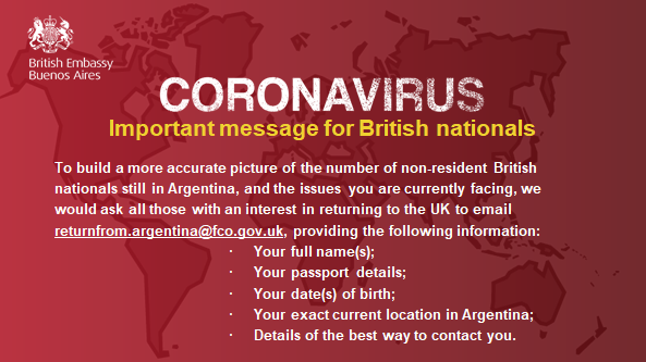 UKinArgentina's tweet photo. ⚠️IMPORTANT⚠️

UPDATE for British nationals in Argentina 

If you are a British visitor still in Argentina, please send your details to returnfrom.argentina@fco.gov.uk

More information ➡️ https://t.co/2TkdvCwxaP

Please RT. https://t.co/s12CpWG2Wb