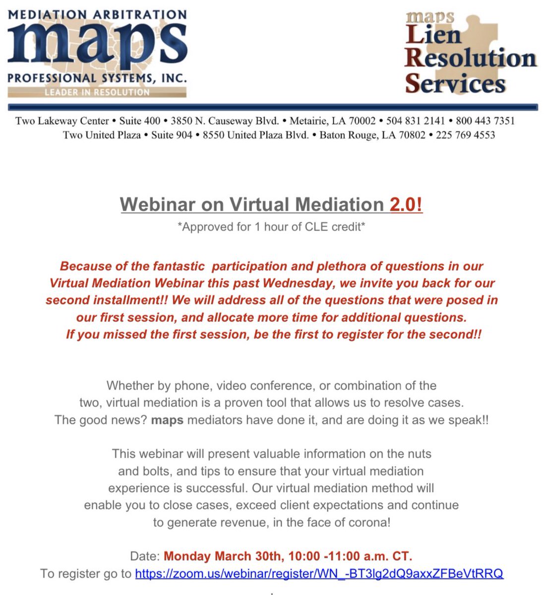 mapsMediation's tweet photo. Our webinar on Virtual Mediation 2.0 is scheduled for Wednesday March 30th at 10:00 CST! If you missed the first session, be the first to register for the second!

https://t.co/AQRBqtJaAb

#mapsmediation #mediation #arbitration #resolution #leadersinresolution #lienresolution https://t.co/vukbjAN0XE