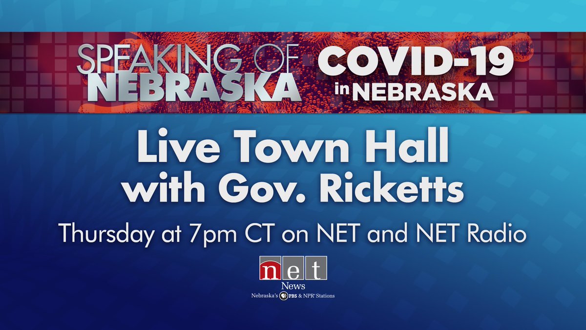 .@GovRicketts along with @NDE_Commish &amp; <a href="/NEDHHS/">Nebraska DHHS</a> Public Health Director Gary Anthone will answer questions about #COVID19 &amp; our state’s response during a live one-hour NET News town hall, Thursday, March 26 at 7pm CT. #COVID19Nebraska