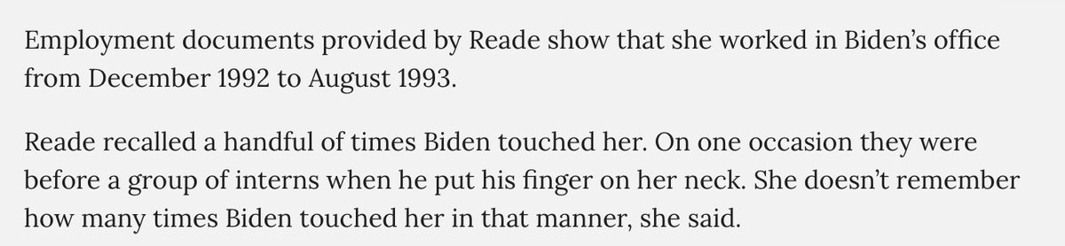 But again, she never once says anything negative about Biden prior to April 2019. And even then, the allegation from 2019 differs from what was released today. In 2019, she mentions that Biden touched her neck, but she was never “sexualized”, today’s allegations go much further